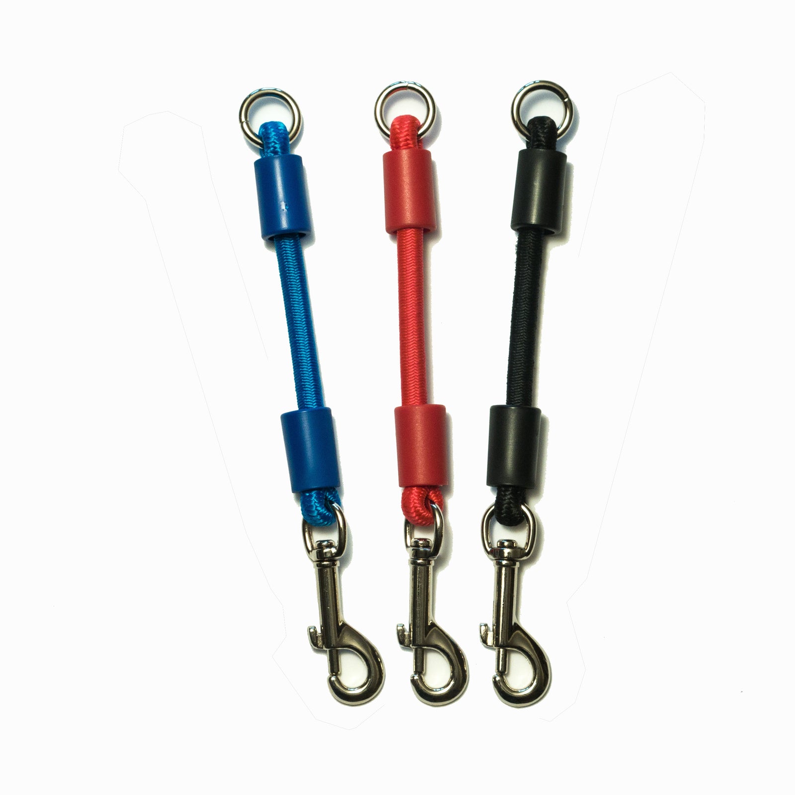 Jerk-Ease® Medium bungee dog leash extension in black blue and red — shock absorber for dogs 21–60 lbs