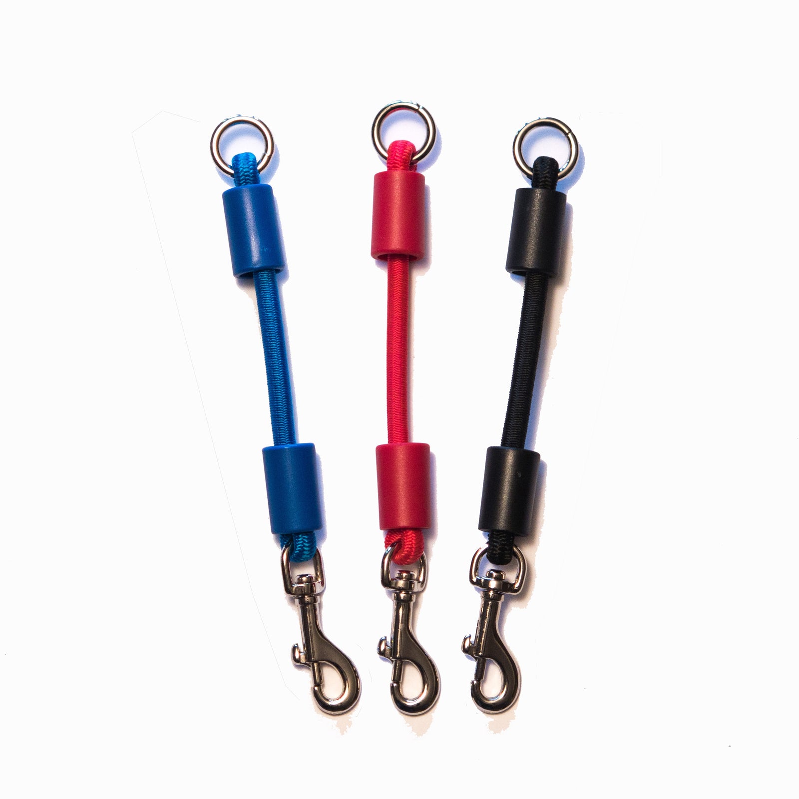 Jerk-Ease® Small bungee dog leash extension in black blue and red— shock absorber for dogs up to 20 lbs